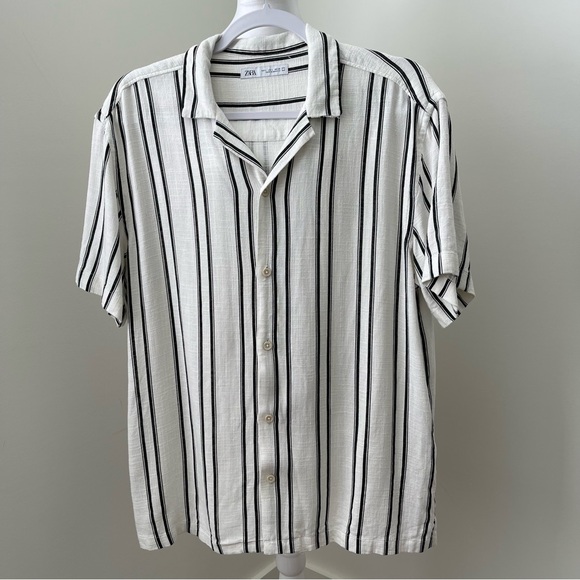 Zara Linen Blend Striped Button Down Shirt Size Large - Picture 1 of 6